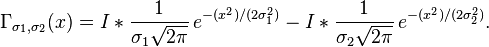 
\Gamma_{\sigma_1,\sigma_2}(x)
=
I*\frac{1}{\sigma_1\sqrt{2\pi}} \, e^{-(x^2)/(2\sigma^2_1)}-I*\frac{1}{\sigma_2\sqrt{2\pi}} \, e^{-(x^2)/(2\sigma_2^2)}.