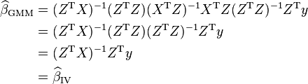 
\begin{align}
\widehat{\beta}_\mathrm{GMM} &= (Z^\mathrm{T} X)^{-1}(Z^\mathrm{T} Z)(X^\mathrm{T} Z)^{-1}X^\mathrm{T} Z(Z^\mathrm{T} Z)^{-1}Z^\mathrm{T} y\\
&=  (Z^\mathrm{T} X)^{-1}(Z^\mathrm{T} Z)(Z^\mathrm{T} Z)^{-1}Z^\mathrm{T} y\\
&=(Z^\mathrm{T} X)^{-1}Z^\mathrm{T}y \\
&=\widehat{\beta}_\mathrm{IV}
\end{align}
