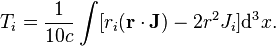 T_i=\frac{1}{10c} \int [r_i(\mathbf{r}\cdot\mathbf{J})-2r^2J_i] \mathrm{d}^3x.