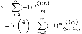 \begin{align}\gamma &= \sum_{m=2}^{\infty} (-1)^m\frac{\zeta(m)}{m} \\
 &= \ln \left ( \frac{4}{\pi} \right ) + \sum_{m=2}^{\infty} (-1)^m\frac{\zeta(m)}{2^{m-1}m}.\end{align} 