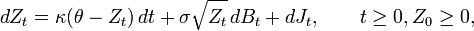  dZ_t=\kappa (\theta -Z_t)\,dt+\sigma \sqrt{Z_t}\,dB_t+dJ_t,\qquad t\geq 0, 
Z_{0}\geq 0, 