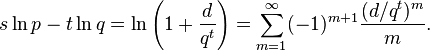  s\ln p-t\ln q = \ln\left(1+\frac{d}{q^t}\right) =
\sum_{m=1}^\infty (-1)^{m+1}\frac{(d/q^t)^m}{m}.
