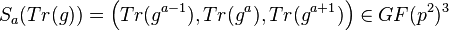 S_a(Tr(g))=\left(Tr(g^{a-1}),Tr(g^a),Tr(g^{a+1})\right)\in GF(p^2)^3