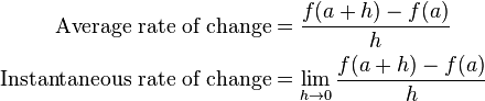 \begin{align}
        \mbox{Average rate of change} &= \frac{f(a + h) - f(a)}{h}\\
  \mbox{Instantaneous rate of change} &= \lim_{h \to 0}\frac{f(a + h) - f(a)}{h}
\end{align}