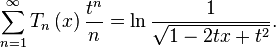 \sum\limits_{n=1}^{\infty }T_{n}\left( x\right) \frac{t^{n}}{n}=\ln \frac{1}{\sqrt{1-2tx+t^{2}}}.