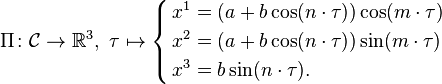 
 \Pi\colon \mathcal{C} \to \mathbb{R}^3,\ \tau \mapsto \begin{cases}\begin{align}x^1&= (a+b\cos(n\cdot \tau))\cos(m\cdot \tau)\\x^2&=(a+b\cos(n\cdot \tau))\sin(m\cdot \tau)\\x^3&=b\sin(n\cdot \tau).\end{align} \end{cases}