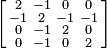 \left [
\begin{smallmatrix}
 2 & -1  & 0 & 0 \\
-1 &  2 &  -1 & -1 \\
 0 & -1 &  2 & 0\\
 0 & -1 &  0 & 2 
\end{smallmatrix}\right ]