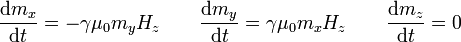 \frac{\mathrm{d}m_x}{\mathrm{d}t}=-\gamma \mu_0 m_y H_z \qquad \frac{\mathrm{d}m_y}{\mathrm{d}t}=\gamma \mu_0 m_x H_z \qquad \frac{\mathrm{d}m_z}{\mathrm{d}t}=0