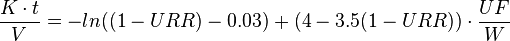 \frac{K \cdot t}{V} = -ln ((1-URR) - 0.03) + (4-3.5 (1-URR)) \cdot \frac {UF}{W}