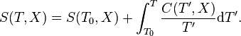 S(T,X) = S(T_0,X) + \int_{T_0}^{T} \frac {C(T^\prime,X)}{T^\prime}\mathrm{d}T^\prime.