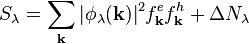 
    S_\lambda = \sum_{\mathbf{k}} |\phi_\lambda({\mathbf{k}})|^2 f_{\mathbf{k}}^e f_{\mathbf{k}}^h + \Delta N_\lambda\; 
