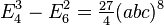 E_4^3-E_6^2 = \tfrac{27}{4}(abc)^8 