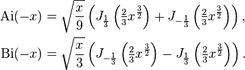 \begin{align}
 \mathrm{Ai}(-x) &{}= \sqrt{\frac{x}{9}} \left(J_{\frac{1}{3}}\left(\tfrac23 x^{\frac{3}{2}}\right) + J_{-\frac{1}{3}}\left(\tfrac23 x^{\frac{3}{2}}\right)\right), \\
 \mathrm{Bi}(-x) &{}= \sqrt{\frac{x}{3}} \left(J_{-\frac{1}{3}}\left(\tfrac23 x^{\frac{3}{2}}\right) - J_{\frac{1}{3}}\left(\tfrac23 x^{\frac{3}{2}}\right)\right). 
\end{align}