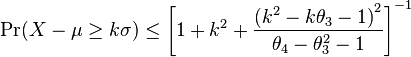 \Pr( X - \mu  \ge k \sigma ) \le \left[1 + k^2 + \frac{\left( k^2 - k \theta_3 - 1 \right)^2}{\theta_4 - \theta_3^2 - 1} \right]^{-1} 