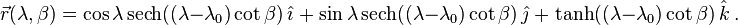 \vec{r}(\lambda,\beta) = \cos{\lambda} \, \textrm{sech}((\lambda - \lambda_0) \cot\beta ) \, \hat\imath \; +  \; \sin{\lambda} \, \textrm{sech}((\lambda - \lambda_0) \cot\beta ) \, \hat\jmath  \; +  \; \tanh((\lambda - \lambda_0) \cot\beta ) \, \hat{k} \ .
