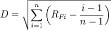 
D = \sqrt{\sum^n_{i=1}\left(R_{Fi} - \frac{i-1}{n-1}\right)}
