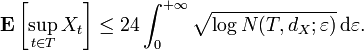 \mathbf{E} \left[ \sup_{t \in T} X_{t} \right] \leq 24 \int_0^{+\infty} \sqrt{\log N(T, d_{X}; \varepsilon)} \, \mathrm{d} \varepsilon.