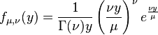 f_{\mu,\nu}(y) = \frac{1}{\Gamma(\nu)y}\left(\frac{\nu y}{\mu}\right)^\nu e^{\frac{\nu y}{\mu}}