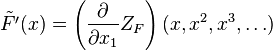 \tilde{F'}(x) = \left( \frac{\partial}{\partial x_1} Z_F \right)(x, x^2, x^3, \dots)