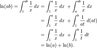 \begin{align}
\ln(ab)= \int_1^{ab}\frac{1}{x} \; dx
&=\int_1^a \frac{1}{x} \; dx \; + \int_a^{ab} \frac{1}{x} \; dx\\
&=\int_1^{a} \frac{1}{x} \; dx \; + \int_1^{b} \frac{1}{at} \; d(at)\\
&=\int_1^{a} \frac{1}{x} \; dx \; + \int_1^{b} \frac{1}{t} \; dt\\
&= \ln (a) + \ln (b).
\end{align}