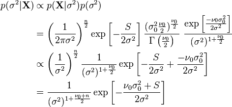 \begin{align}
p(\sigma^2|\mathbf{X}) &\propto p(\mathbf{X}|\sigma^2) p(\sigma^2) \\
&= \left(\frac{1}{2\pi\sigma^2}\right)^{\frac{n}{2}} \exp\left[-\frac{S}{2\sigma^2}\right] \frac{(\sigma_0^2\frac{\nu_0}{2})^{\frac{\nu_0}{2}}}{\Gamma\left(\frac{\nu_0}{2} \right)}~\frac{\exp\left[ \frac{-\nu_0 \sigma_0^2}{2 \sigma^2}\right]}{(\sigma^2)^{1+\frac{\nu_0}{2}}} \\
&\propto \left(\frac{1}{\sigma^2}\right)^{\frac{n}{2}} \frac{1}{(\sigma^2)^{1+\frac{\nu_0}{2}}} \exp\left[-\frac{S}{2\sigma^2} + \frac{-\nu_0 \sigma_0^2}{2 \sigma^2}\right] \\
&= \frac{1}{(\sigma^2)^{1+\frac{\nu_0+n}{2}}} \exp\left[-\frac{\nu_0 \sigma_0^2 + S}{2\sigma^2}\right]
\end{align}