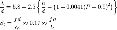 \begin{align}
  & \frac{\lambda }{d}=5.8+2.5\left\{ \frac{h}{d}-\left( 1+0.0041{{\left( P-0.9 \right)}^{2}} \right) \right\} \\ 
 & {{S}_{t}}=\frac{fd}{{{c}_{0}}}\approx 0.17\approx \frac{fh}{U} \\ 
\end{align}