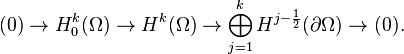 (0)\to H^k_0(\Omega) \to H^k(\Omega) \to \bigoplus_{j=1}^k H^{j-\frac{1}{2}}(\partial\Omega) \to (0).