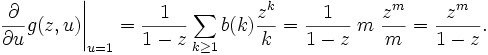  \frac{\partial}{\partial u} g(z, u) \Bigg|_{u=1} = 
\frac{1}{1-z} \sum_{k\ge 1} b(k) \frac{z^k}{k} =
\frac{1}{1-z} \; m \; \frac{z^m}{m} = \frac{z^m}{1-z}.