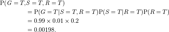 
\begin{align}
\mathrm P(\mathit{G}=T, & \mathit{S}=T,\mathit{R}=T) \\
   & = \mathrm P(G=T|S=T,R=T)\mathrm P(S=T|R=T)\mathrm P(R=T) \\
   & = 0.99 \times 0.01 \times 0.2 \\
   & = 0.00198.
\end{align}
