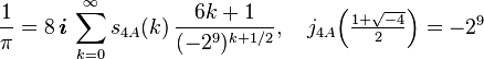 \frac{1}{\pi} = 8\,\boldsymbol{i}\,\sum_{k=0}^\infty s_{4A}(k)\,\frac{6k+1}{(-2^9)^{k+1/2}},\quad j_{4A}\Big(\tfrac{1+\sqrt{-4}}{2}\Big)=-2^9
