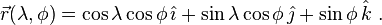 \vec{r}(\lambda,\phi) = \cos{\lambda} \cos{\phi} \, \hat\imath + \sin{\lambda} \cos{\phi} \, \hat\jmath + \sin{\phi} \, \hat{k} \ .