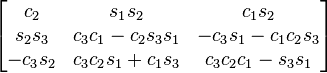 \begin{bmatrix}
c_2       & s_1 s_2    & c_1 s_2 \\
s_2 s_3   & c_3 c_1 - c_2 s_3 s_1 & - c_3 s_1 - c_1 c_2 s_3 \\
-c_3 s_2  & c_3 c_2 s_1 + c_1 s_3 & c_3 c_2 c_1 - s_3 s_1
\end{bmatrix}