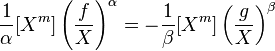 \frac{1}{\alpha}[X^m]\left( \frac{f}{X} \right)^\alpha=-\frac{1}{\beta}[X^m]\left( \frac{g}{X} \right)^\beta