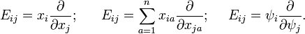 E_{ij} =  x_i \frac{\partial}{\partial x_j}; ~~~~~
E_{ij} = \sum_{a=1}^n x_{ia}\frac{\partial}{\partial x_{ja}}; ~~~~ E_{ij} =  \psi_{i}\frac{\partial}{\partial \psi_{j}}. 