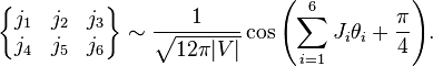 
\begin{Bmatrix}
j_1 & j_2 & j_3\\
j_4 & j_5 & j_6
\end{Bmatrix}
\sim \frac{1}{\sqrt{12 \pi |V|}} \cos{\left( \sum_{i=1}^{6} J_i \theta_i +\frac{\pi}{4}\right)}.

