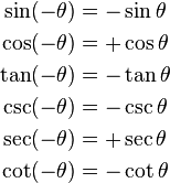 
\begin{align}
\sin(-\theta) &= -\sin \theta \\
\cos(-\theta) &= +\cos \theta \\
\tan(-\theta) &= -\tan \theta \\
\csc(-\theta) &= -\csc \theta \\
\sec(-\theta) &= +\sec \theta \\
\cot(-\theta) &= -\cot \theta \\
\end{align}
