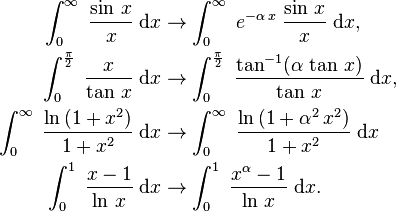 \begin{align}
\int_0^\infty\;\frac{\sin\,x}{x}\;\mathrm{d}x &\to \int_0^\infty\;e^{-\alpha\,x}\;\frac{\sin\,x}{x}\;\mathrm{d}x,\\
\int_0^{\frac{\pi}{2}}\;\frac{x}{\tan\,x}\;\mathrm{d}x &\to\int_0^{\frac{\pi}{2}}\;\frac{\tan^{-1}(\alpha\,\tan\,x)}{\tan\,x}\;\mathrm{d}x,\\
\int_0^{\infty}\;\frac{\ln\,(1+x^2)}{1+x^2}\;\mathrm{d}x &\to\int_0^{\infty}\;\frac{\ln\,(1+\alpha^2\,x^2)}{1+x^2}\;\mathrm{d}x \\
\int_0^1\;\frac{x-1}{\ln\,x}\;\mathrm{d}x &\to \int_0^1\;\frac{x^\alpha-1}{\ln\,x}\;\mathrm{d}x.
\end{align}