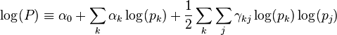 \log(P)\equiv\alpha_{0}+\sum_{k}\alpha_{k}\log(p_{k})+\frac{1}{2}\sum_{k}\sum_{j}\gamma_{kj}\log(p_{k})\log(p_{j}) 