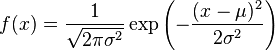 f(x) = \frac{1}{\sqrt{2\pi\sigma^2}} \exp\left(-\frac{(x-\mu)^2}{2\sigma^2}\right)
