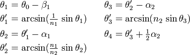 
   \begin{align}
      \theta_1 &= \theta_0 - \beta_1                               &\theta_3 &= \theta'_2 - \alpha_2 \\
      \theta'_1 &= \arcsin (\tfrac{1}{n_1} \, \sin \theta_1) \quad &\theta'_3 &= \arcsin (n_2 \, \sin \theta_3) \\
      \theta_2 &= \theta'_1 - \alpha_1                             &\theta_4 &= \theta'_3 + \tfrac{1}{2} \alpha_2 \\
      \theta'_2 &= \arcsin (\tfrac{n_1}{n_2} \, \sin \theta_2)
   \end{align}
