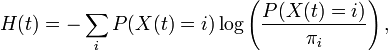 H(t) = -\sum_{i} P(X(t)=i) \log \left( \frac{P(X(t)=i)}{\pi_i}\right) , 