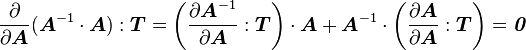 
  \frac{\partial }{\partial \boldsymbol{A}}(\boldsymbol{A}^{-1}\cdot\boldsymbol{A}):\boldsymbol{T} = 
  \left(\frac{\partial \boldsymbol{A}^{-1}}{\partial \boldsymbol{A}}:\boldsymbol{T}\right)\cdot\boldsymbol{A} + 
  \boldsymbol{A}^{-1}\cdot\left(\frac{\partial \boldsymbol{A}}{\partial \boldsymbol{A}}:\boldsymbol{T}\right)
  = \boldsymbol{\mathit{0}}
