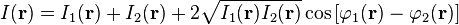  I(\mathbf r) =  I_1 (\mathbf r)+ I_2 (\mathbf r) + 2 \sqrt{ I_1 (\mathbf r) I_2 (\mathbf r)} \cos {[\varphi_1 (\mathbf r)-\varphi_2 (\mathbf r)]}