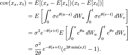 
\begin{align}
\operatorname{cov}(x_s,x_t) & = E[(x_s - E[x_s])(x_t - E[x_t])] \\
& = E \left[ \int_0^s \sigma  e^{\theta (u-s)}\, dW_u \int_0^t \sigma  e^{\theta (v-t)}\, dW_v \right] \\
& = \sigma^2 e^{-\theta (s+t)}E \left[ \int_0^s  e^{\theta u}\, dW_u \int_0^t  e^{\theta v}\, dW_v \right] \\
& = \frac{\sigma^2}{2\theta} \, e^{-\theta (s+t)}(e^{2\theta \min(s,t)}-1).
\end{align}
