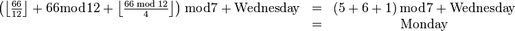 \begin{matrix}\left({\left\lfloor{\frac{66}{12}}\right\rfloor+66 \bmod 12+\left\lfloor{\frac{66 \bmod 12}{4}}\right\rfloor}\right) \bmod 7+\rm{Wednesday} & = & \left(5+6+1\right) \bmod 7+\rm{Wednesday} \\
\ & = & \rm{Monday}\end{matrix}
