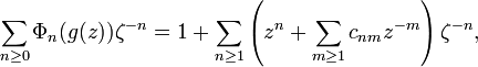 \sum_{n\ge 0} \Phi_n(g(z))\zeta^{-n} =1+\sum_{n\ge 1} \left(z^n +\sum_{m\ge 1} c_{nm}z^{-m}\right)\zeta^{-n},