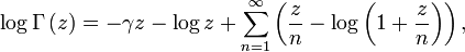 \log \Gamma \left(z\right) = -\gamma z -\log z  
+ \sum_{n=1}^\infty 
\left(\frac{z}{n} - \log \left(1+\frac{z}{n}\right)\right),