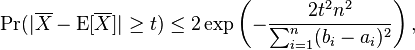 \Pr(|\overline{X} - \mathrm{E}[\overline{X}]| \geq t) \leq 2\exp \left( - \frac{2t^2n^2}{\sum_{i=1}^n (b_i - a_i)^2} \right),\!