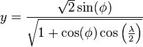 y = \frac{\sqrt 2\sin(\phi)}{\sqrt{1 + \cos(\phi) \cos\left(\frac\lambda 2\right)}}