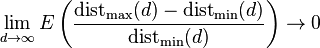 \lim_{d \to \infty} E\left(\frac{\operatorname{dist}_{\max} (d) - \operatorname{dist}_{\min} (d)}{\operatorname{dist}_{\min} (d)}\right) 
\to 0